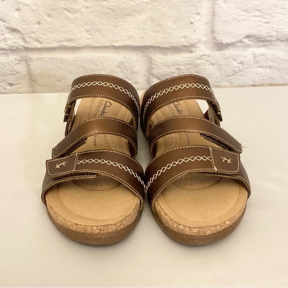 Clarks 9.5W Roseville Bay Women’s Leather Cork Copper Sandals Wide Comfort Shoes - Picture 3 of 9